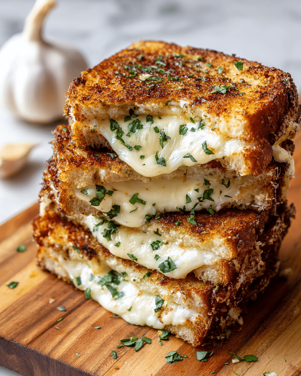 A close-up view of a stack of three grilled cheese sandwich slices on a wooden board, each slice showing a golden brown toasted bread with a crispy texture. The melted cheese inside is creamy white, gooey, and stretching slightly between the pieces, with green herbs sprinkled on top of the bread adding color contrast. The bread edges appear crunchy with a light brown shade, and the cheese oozes out invitingly from the center layers. The setting includes a garlic bulb blurred in the background on a white marbled surface. Photo taken with an iphone --ar 4:5 --v 7