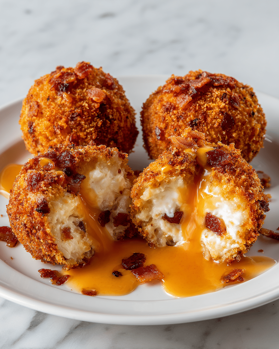 Four fried balls sit closely on a white plate. Two balls are whole, with a rough, golden-brown crispy coating mixed with small bits of reddish-brown bacon. Two balls are cut open, revealing a soft white creamy center that is oozing out with an orange sauce dripping onto the plate. The crunchy outside contrasts with the smooth inside, showing layers of crispy coating, bacon pieces, creamy white filling, and orange sauce on a white plate against a white marbled texture. photo taken with an iphone --ar 4:5 --v 7