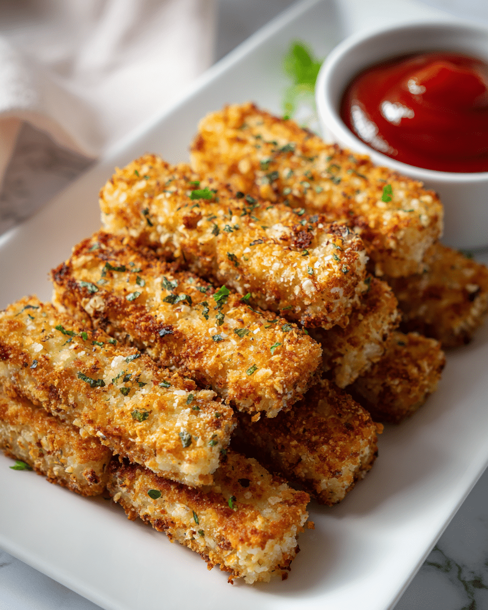 The image shows a white rectangular plate with nine golden-brown, crispy baked fish sticks arranged neatly in three rows of three. Each fish stick has a crunchy, textured surface with tiny dark green herb flakes sprinkled on top. In the background, there is a small white bowl filled with red ketchup sauce sitting on a soft white marbled surface. The scene looks clean and inviting, with natural lighting highlighting the crunchy texture of the fish sticks. Photo taken with an iphone --ar 4:5 --v 7