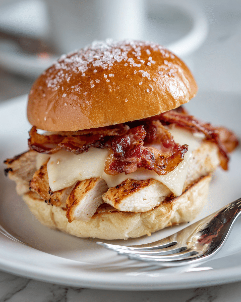 The image shows a close-up of a small sandwich with several layers. The bottom layer is a light golden soft bun with a fluffy texture, topped with thick slices of juicy grilled chicken breast in a light brown color. Above the chicken is a layer of melted white cheese, slightly oozing over the edges. On top of the cheese is crispy reddish-brown bacon, adding a crunchy texture. The sandwich is finished with the top half of the shiny golden bun sprinkled with coarse salt crystals. The sandwich is placed on a white plate with a visible silver fork on the side, all set on a white marbled surface. Photo taken with an iphone --ar 4:5 --v 7