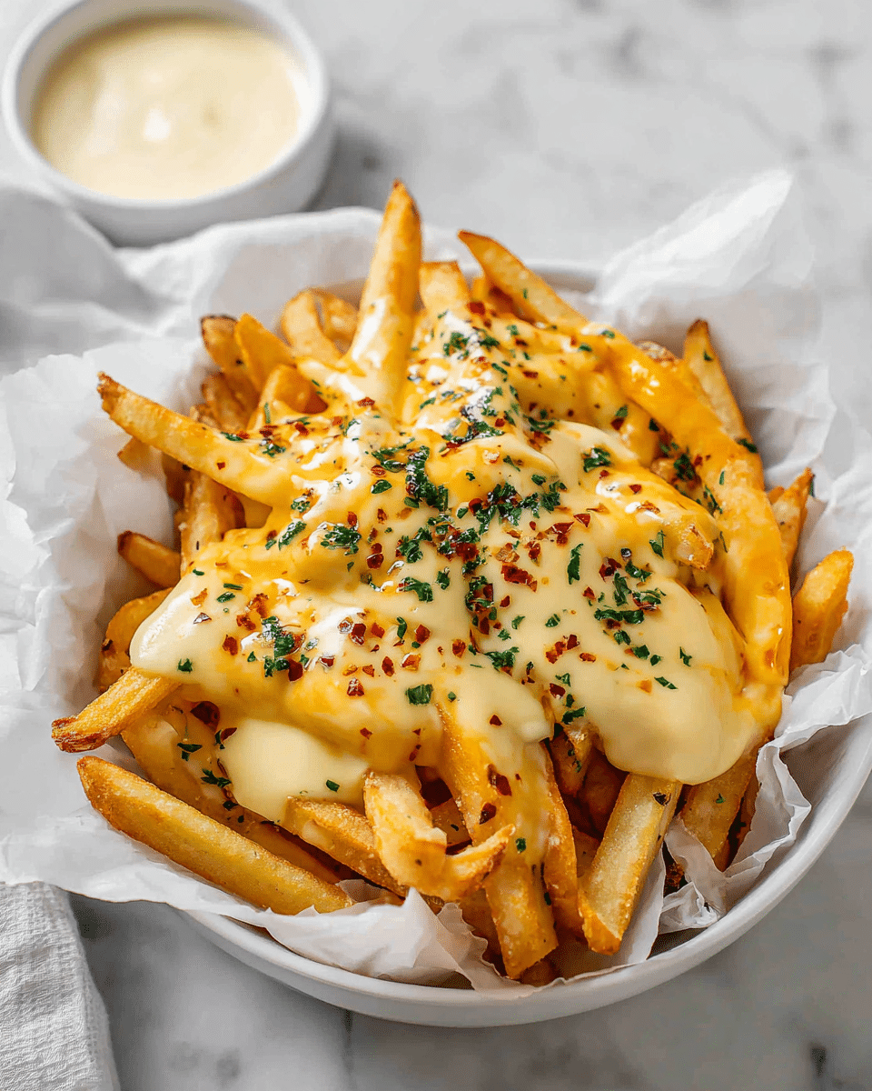 The image shows a white round bowl lined with white parchment paper filled with golden crispy French fries. On top of the fries, there is a thick layer of melted cheese sauce that has a smooth, creamy texture and a light yellow color, covering most fries unevenly. Small red specks of seasoning and green herbs are sprinkled over the cheese, adding a pop of color. There is a smooth white sauce container positioned near the bowl, on a soft white marbled surface. The photo is clear and bright, taken from above. Photo taken with an iphone --ar 4:5 --v 7