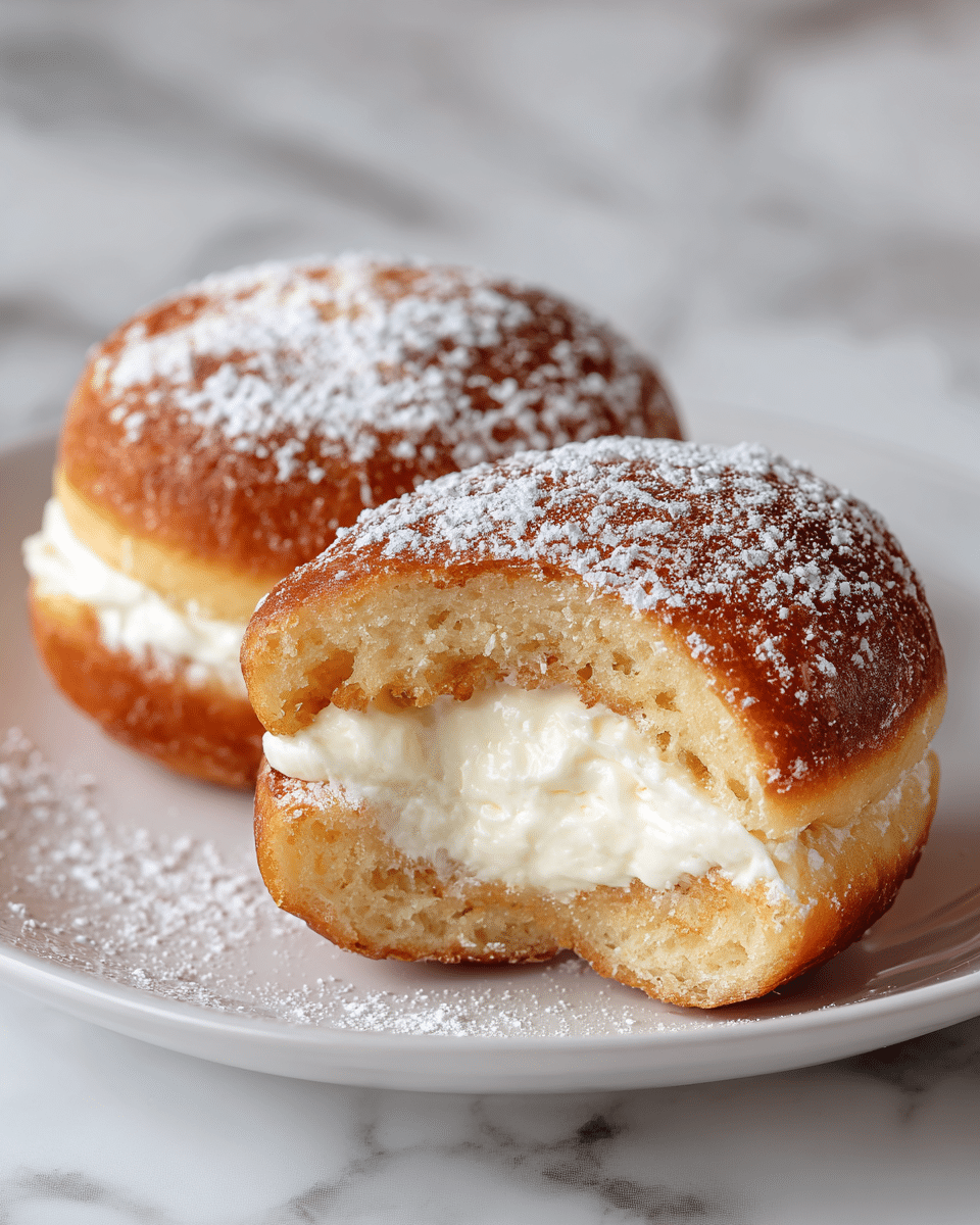 Two round doughnuts are placed on a white plate set on a white marbled surface. Each doughnut is golden brown with a soft, fluffy texture, cut in half to show a thick layer of smooth, white cream filling inside. The tops are dusted lightly with white powdered sugar, giving a delicate contrast to the warm dough color. The cream looks creamy and rich, filling the center fully. Photo taken with an iphone --ar 4:5 --v 7
