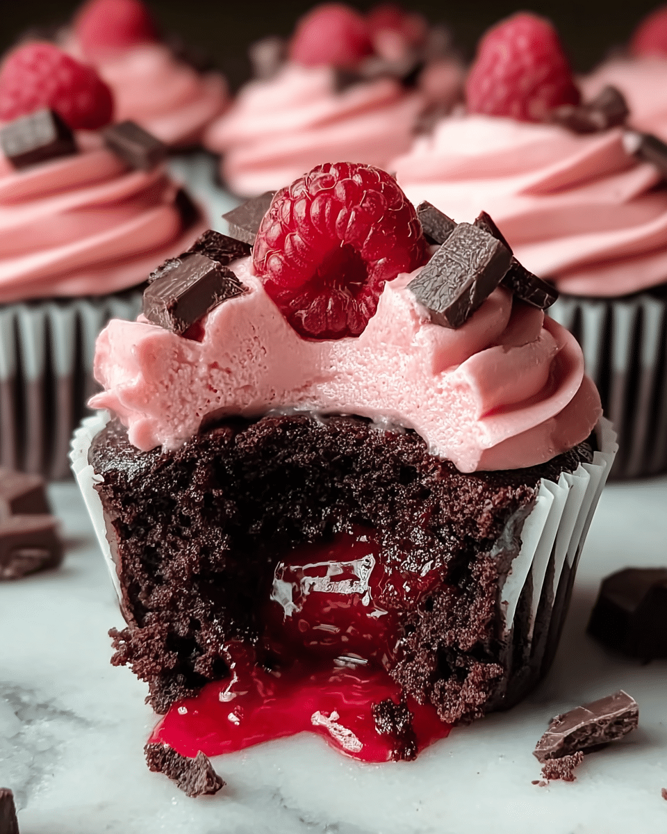 A close-up view of a dark chocolate cupcake with three main layers. The bottom layer is rich, dark, and moist chocolate cake. On top, there is a thick layer of smooth pink raspberry cream frosting, swirled in a decorative way. The cupcake is topped with a bright red fresh raspberry and scattered small pieces of dark chocolate around the berry. Some red raspberry filling is oozing out from the center of the cupcake, showing a shiny, juicy texture. The cupcake liner is white, and the cupcakes are placed on a surface with white marbled texture. In the background, there are more similar cupcakes with pink frosting. Photo taken with an iphone --ar 4:5 --v 7