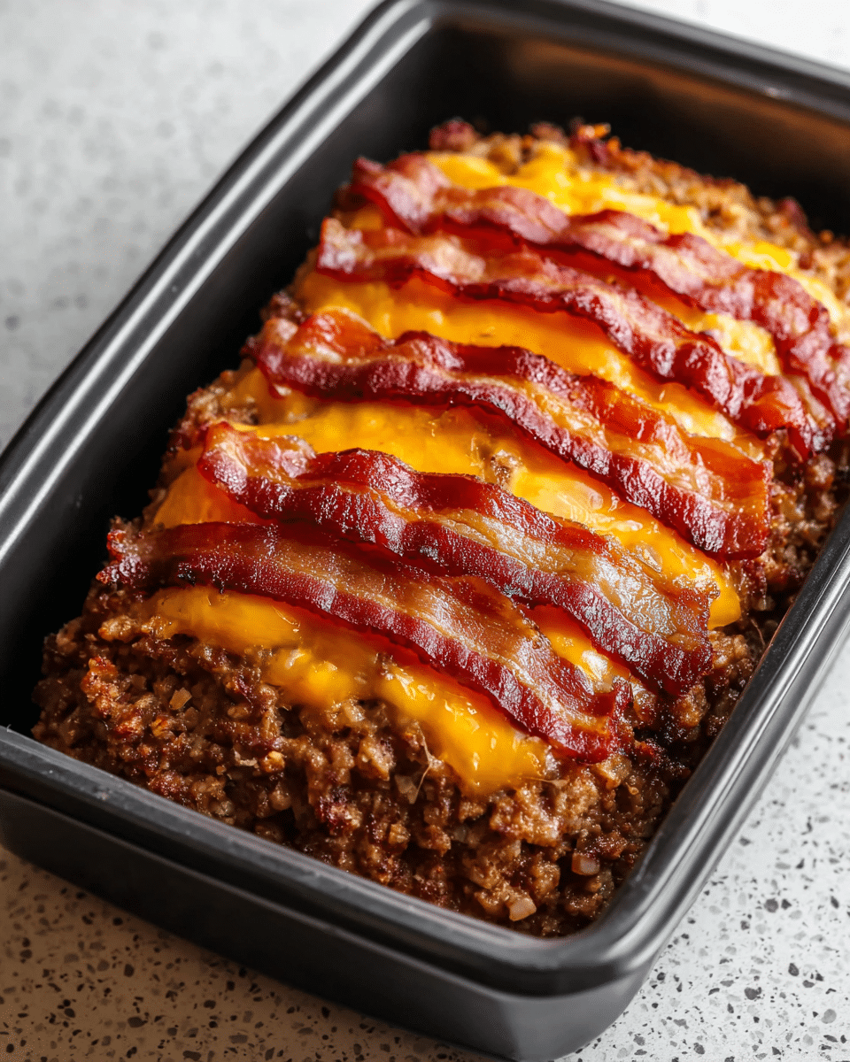 A close-up of a rectangular meatloaf in a black baking dish, showing three clear layers: a bottom layer of finely ground browned meat, a middle layer of melted cheddar cheese with its orange and yellow hues blending smoothly, and a top layer of crispy, reddish-brown bacon strips laid out side by side, adding a textured, wavy look. The dish rests on a white marbled textured surface. photo taken with an iphone --ar 4:5 --v 7