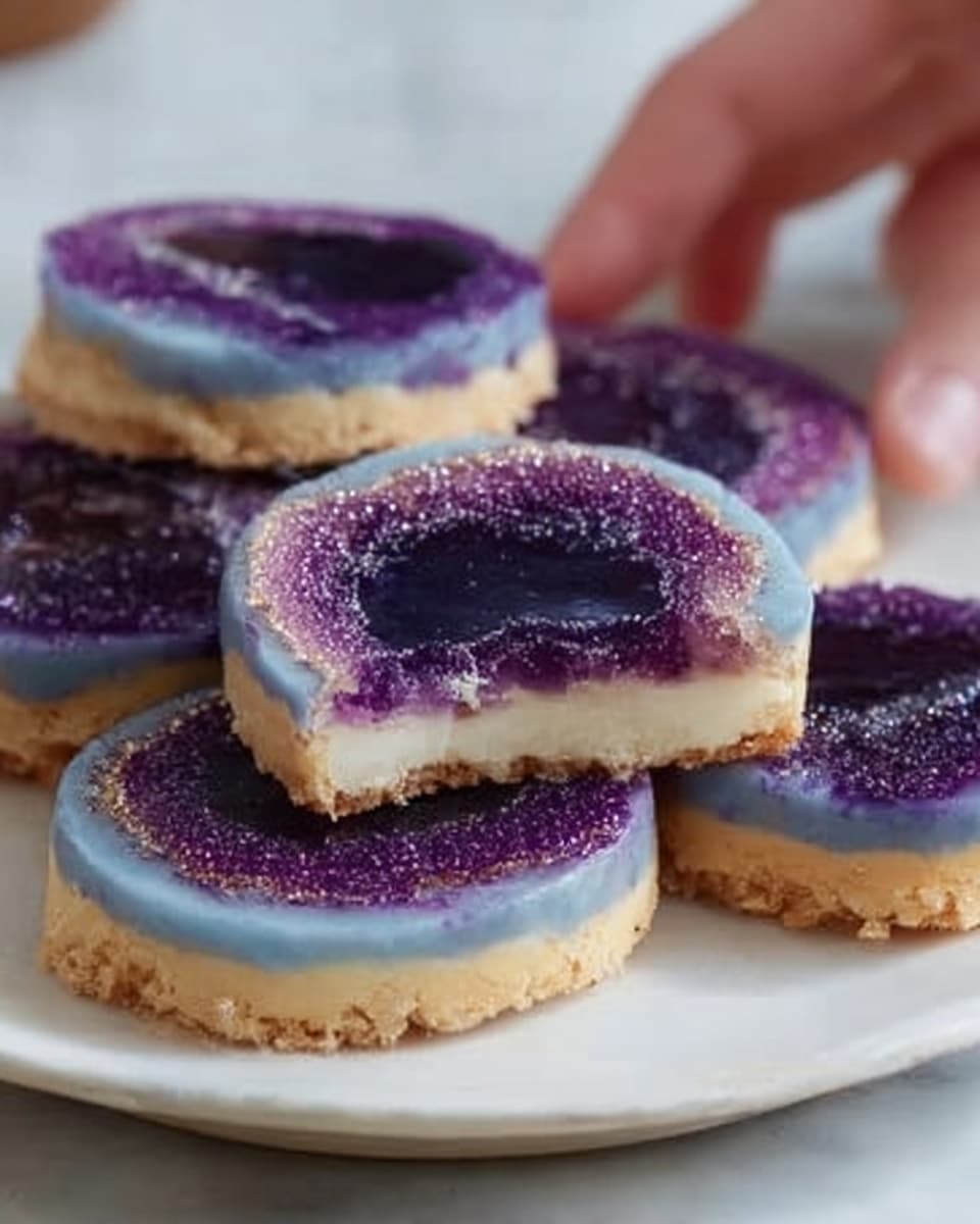 A stack of round pastries with three visible layers sits on a white plate on a white marbled surface. The bottom layer is a light golden brown crust, slightly crumbly in texture. The middle layer is a pale, creamy blue, smooth and even all around. The top layer is a deep purple jelly-like gel with a shiny, crusted crystal texture in the center, making the pastries look like colorful stones. A woman's hand is visible reaching toward the treats. Photo taken with an iphone --ar 4:5 --v 7