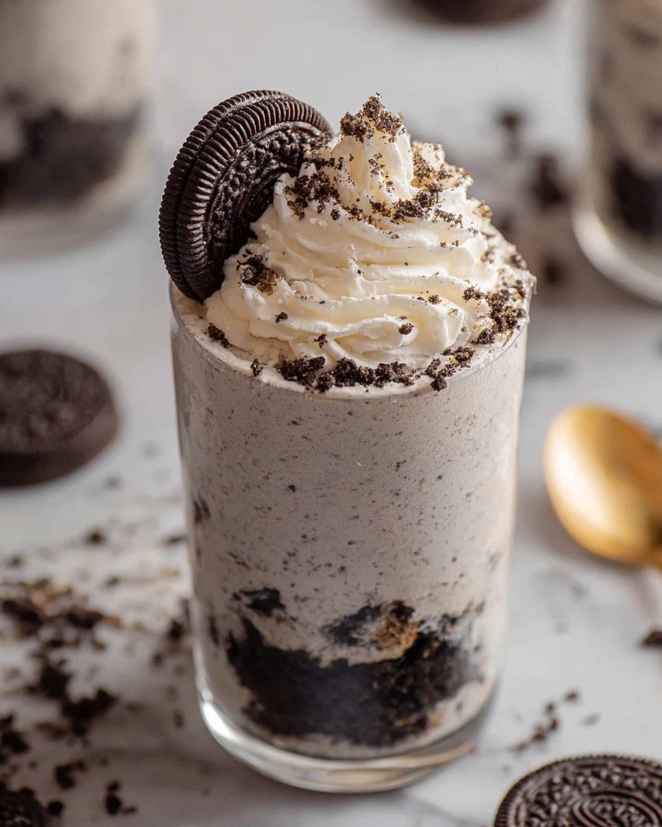 A clear glass filled with a cookies and cream milkshake showing three main layers: the bottom layer is dark cookie crumbs, the middle layer is a thick, light gray milkshake mixed with cookie bits, and the top layer is a large swirl of white whipped cream sprinkled with crushed cookie crumbs. A whole chocolate sandwich cookie is pressed vertically into the whipped cream. The glass is placed on a white marbled surface with blurred cookies and a small golden spoon in the background. Photo taken with an iphone --ar 4:5 --v 7