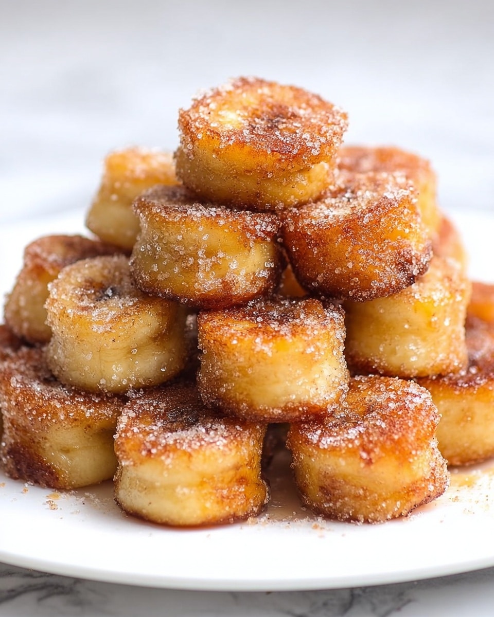 The image shows a stack of small, round pieces of fried banana arranged in a pyramid shape on a white plate. Each piece is golden brown with a crispy texture on the outside, coated lightly with a sugar and cinnamon mixture that gives a slight sparkle. The inside of the banana pieces is soft and yellow, contrasting with the darker edges. The plate is set on a white marbled surface, creating a clean and bright background. The overall look is warm, sweet, and inviting, highlighting the crispy layers and sugary coating. photo taken with an iphone --ar 4:5 --v 7