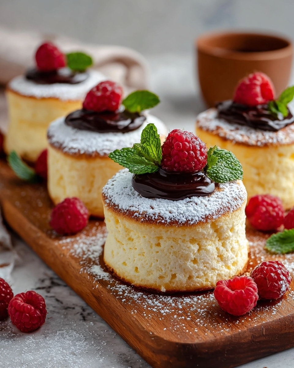 The image shows four fluffy, light yellow soufflé pancakes, each about two layers thick with a soft, airy texture. The tops of the pancakes are golden-brown and slightly dusty with white powdered sugar, with a dollop of dark chocolate sauce placed in the center of each. On top of the chocolate sauce, there are bright red raspberries and fresh green mint leaves as decoration. The pancakes are arranged on a wooden board, with extra raspberries and some powdered sugar scattered around. The background is a white marbled texture with a warm blur, and a small brown cup is visible in the back. Photo taken with an iphone --ar 4:5 --v 7