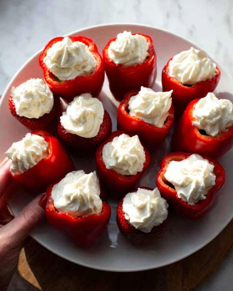 The image shows a round white plate on a white marbled surface filled with bright red stuffed bell pepper halves. Each pepper half is topped with a dollop of creamy white filling that looks smooth and slightly whipped. The plate holds twelve pepper halves arranged closely together. A woman's hand is reaching from the side, holding a pepper half. The overall look is fresh and colorful with the red peppers contrasting with the clean white filling and plate. photo taken with an iphone --ar 4:5 --v 7