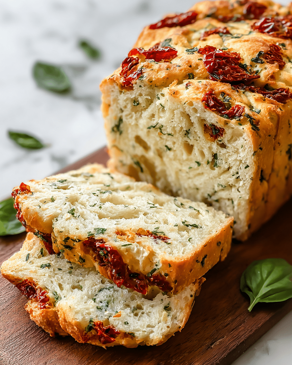 The image shows a loaf of herb and sun-dried tomato bread, sliced to reveal its soft and airy inside. The bread has about four layers, each with a light golden crust and a fluffy white interior mixed with green herbs and bright red sun-dried tomatoes spread evenly throughout. The top layer is slightly crispy, dotted with more sun-dried tomatoes and herbs that create a colorful contrast against the pale bread. The loaf is placed on a wooden board with a few green basil leaves scattered around, all set against a white marbled textured surface. photo taken with an iphone --ar 4:5 --v 7