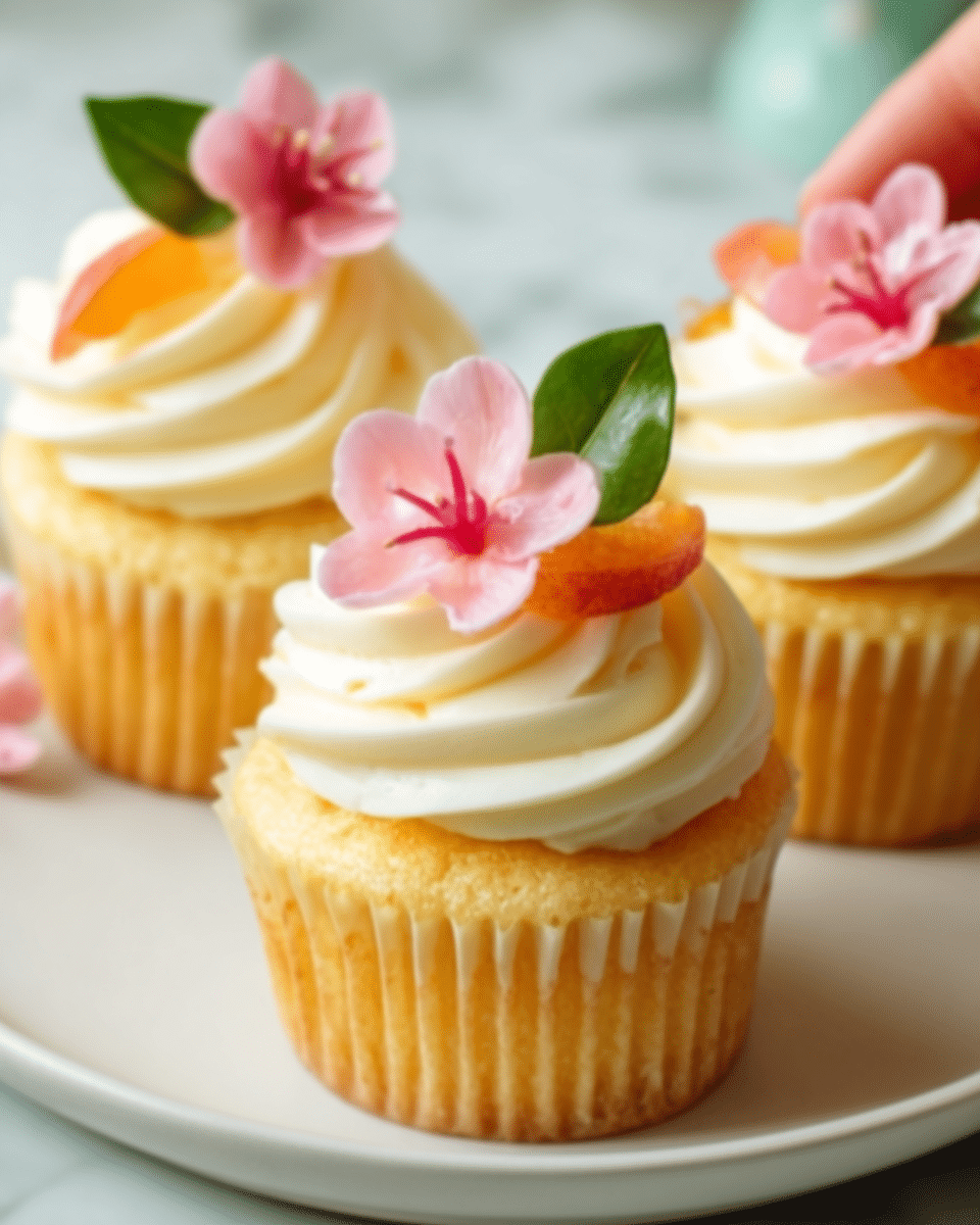 The image shows three cupcakes on a white plate, placed on a white marbled surface. Each cupcake has two layers: the bottom layer is a soft yellow cake with ridged edges, and the top layer is a thick swirl of creamy white frosting. On top of the frosting, there is a small pink flower with green leaves and a thin red-orange slice of fruit. A woman's hand is gently holding one cupcake. The lighting is soft, making the cupcakes look fresh and inviting. photo taken with an iphone --ar 4:5 --v 7