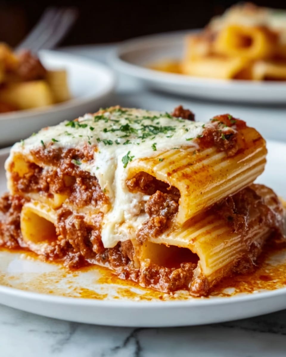 The image shows a close-up of a white plate with three pieces of rigatoni pasta stacked in two layers. The rigatoni is filled with thick, brown meat sauce visible inside and around the pasta. On top, melted white cheese covers the pasta, sprinkled with small green herb bits. The sauce looks rich and slightly oily, spreading around the pasta base. The plate rests on a white marbled surface, and the background is softly blurred showing another white plate with pasta. Photo taken with an iphone --ar 4:5 --v 7