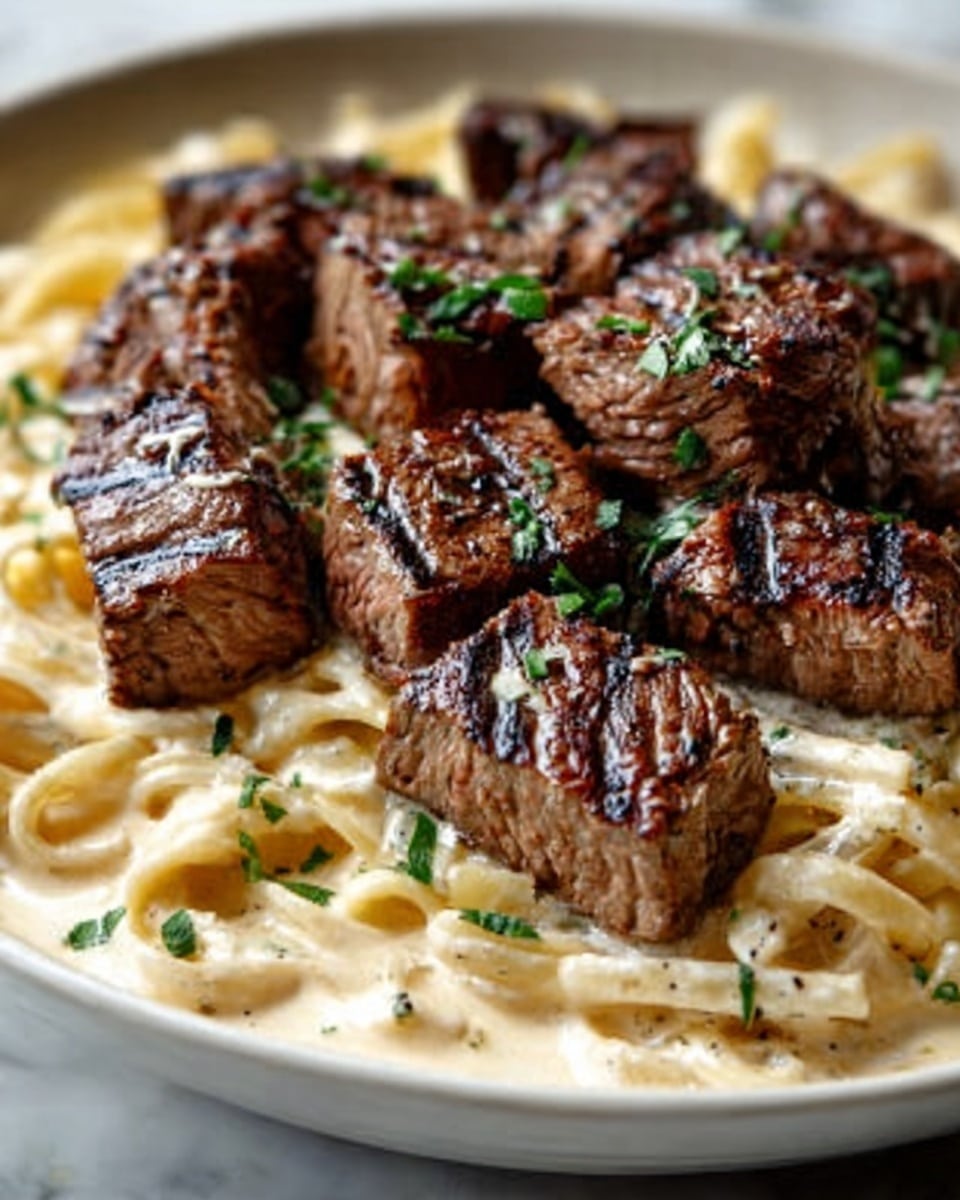 The image shows a close-up view of a dish with several grilled steak cubes placed on top of creamy pasta. The steak pieces have dark grill marks and a slightly shiny, juicy texture, with small green herbs sprinkled over them. Below the steaks, the pasta is coated in a light beige creamy sauce, and it looks smooth and soft. The dish is in a white plate on a white marbled surface. Photo taken with an iphone --ar 4:5 --v 7