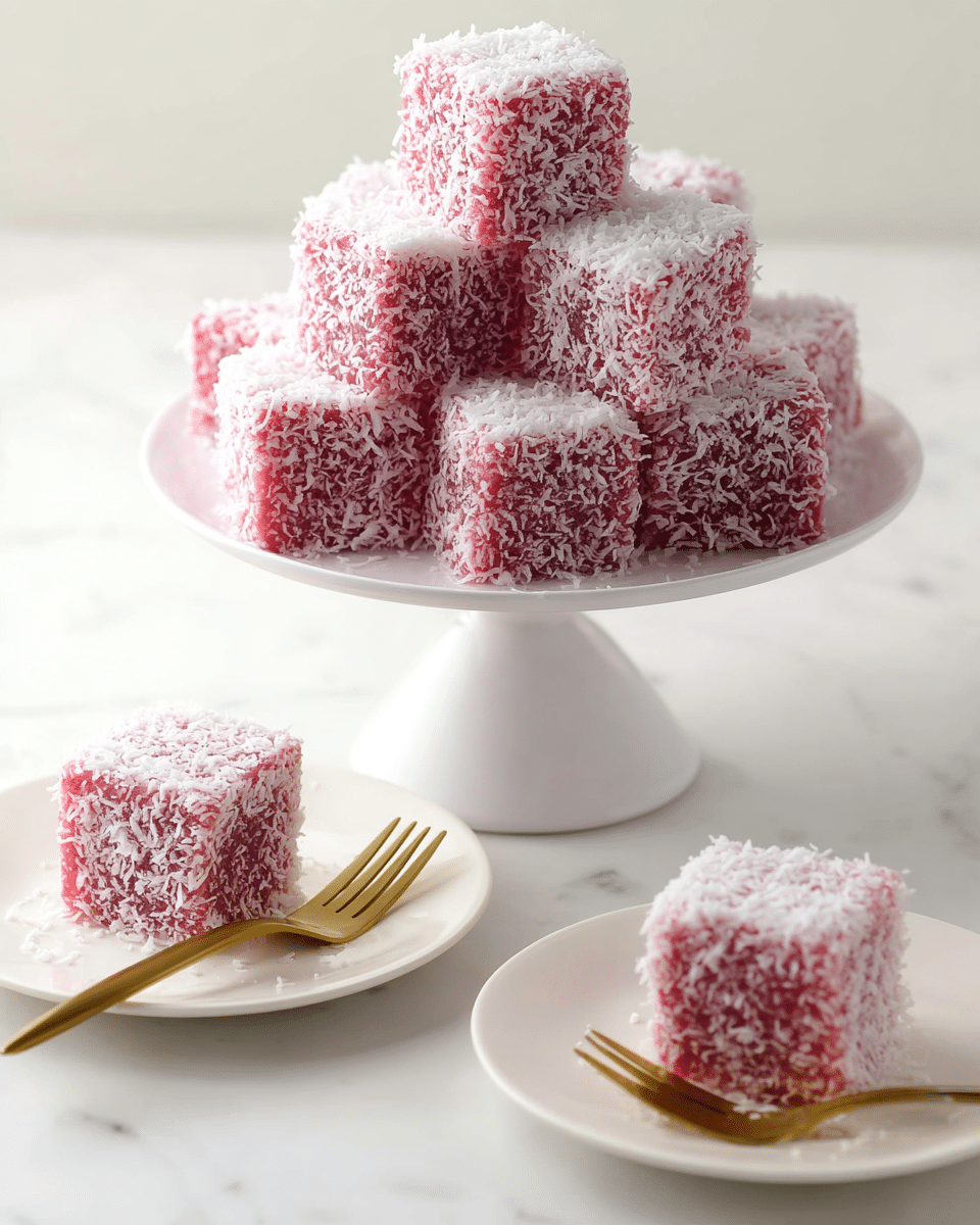 The image shows several cubes of pink dessert covered with white shredded coconut, stacked in a pyramid shape on a white pedestal cake stand. Two individual cubes of the same dessert are placed on two separate white plates in front of the stand, each with a gold fork resting next to the cube. The cubes are densely textured, giving a soft and moist appearance. All items are arranged on a white marbled surface, with bright lighting that highlights the pink and white contrast of the dessert. photo taken with an iphone --ar 4:5 --v 7