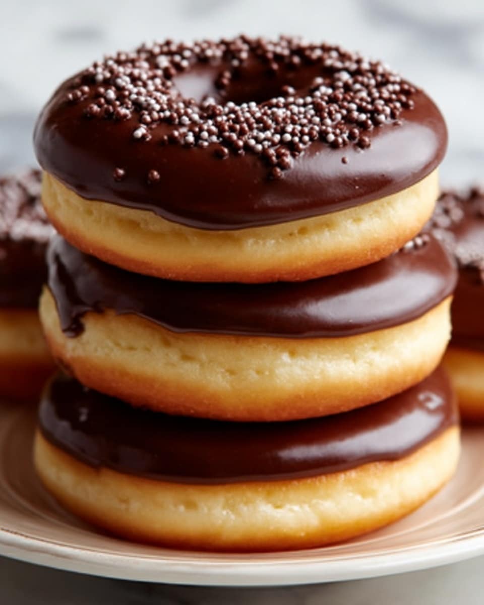 A stack of three thick donuts sits on a white plate, each donut with a smooth, shiny chocolate layer covering its top surface. The donuts are light golden brown and soft in texture, with the chocolate layers rich and dark, almost glossy. On top of the upper donut, small chocolate sprinkles add texture and detail, contrasting with the smoothness of the chocolate glaze. The plate rests on a surface with a white marbled texture, and the lighting highlights the donuts' soft and glossy appearance. photo taken with an iphone --ar 4:5 --v 7