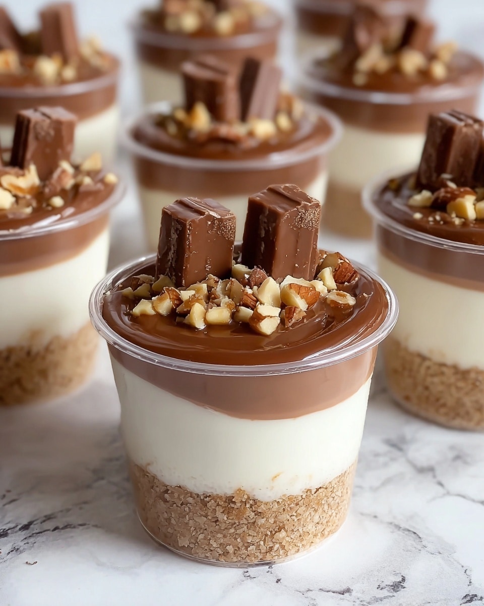 The image shows several small clear plastic cups filled with a three-layer dessert. The bottom layer is a light brown crumbly base, likely crushed biscuits. The middle layer is a thick, smooth white cream. The top layer is a glossy, rich milk chocolate cream with a few chopped nuts scattered on top. Each cup is finished with a piece of chocolate candy placed carefully on the nut garnish. The cups are placed on a white marbled surface, and the focus is on the cup in the front, with others blurred out in the background. photo taken with an iphone --ar 4:5 --v 7