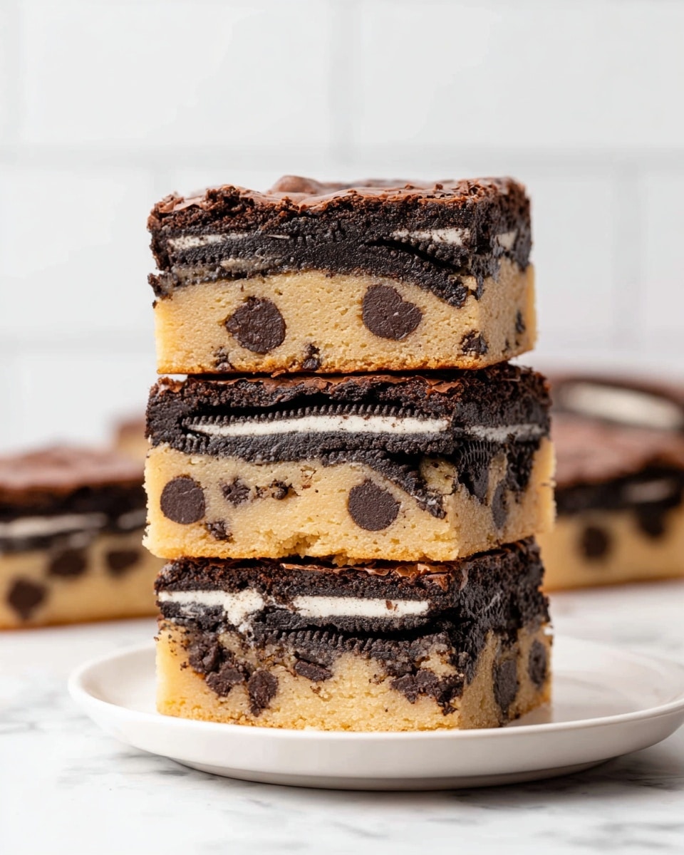 A stack of three square layered dessert bars sits neatly on a white plate with a white marbled surface in the background. Each bar has three visible layers: the bottom is a light golden cookie dough with large chocolate chips scattered throughout; the middle is a whole dark Oreo cookie with visible white cream in the center; the top layer is a thick, rich, and slightly cracked dark chocolate brownie. The stack is carefully aligned, showing all layers clearly and the texture contrasts between the soft cookie dough, smooth cream, and dense brownie top. Photo taken with an iphone --ar 4:5 --v 7