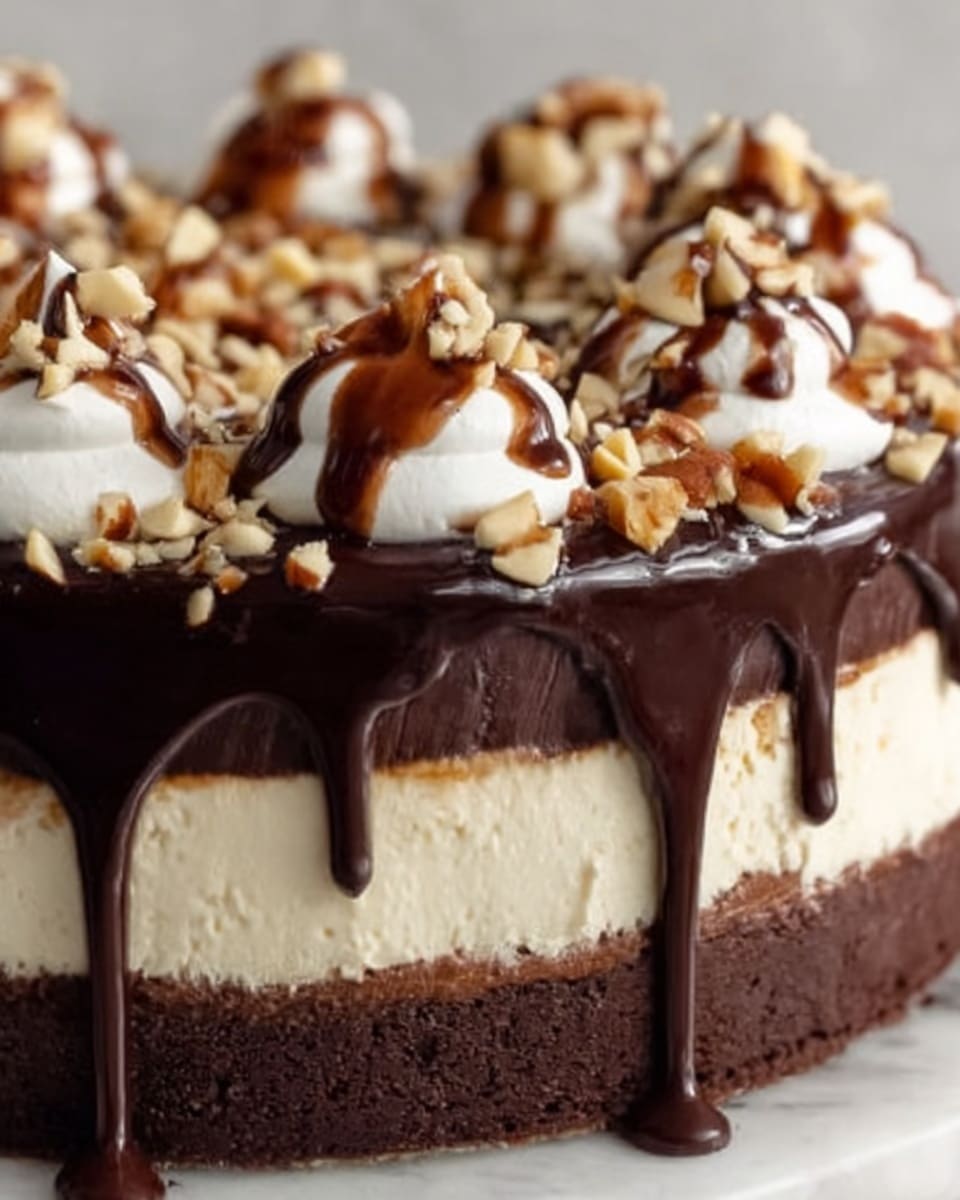 The image shows a close-up of a layered dessert with three visible layers: a dark brown chocolate base, a thick middle layer of creamy off-white filling, and an upper layer of glossy dark chocolate ganache dripping down the sides. On top, there are small dollops of white cream evenly spaced around the edge, each drizzled with dark chocolate. The entire top is covered with chopped nuts, adding a crunchy texture. The dessert sits on a white marbled surface, and the photo focuses tightly on the rich textures. Photo taken with an iphone --ar 4:5 --v 7