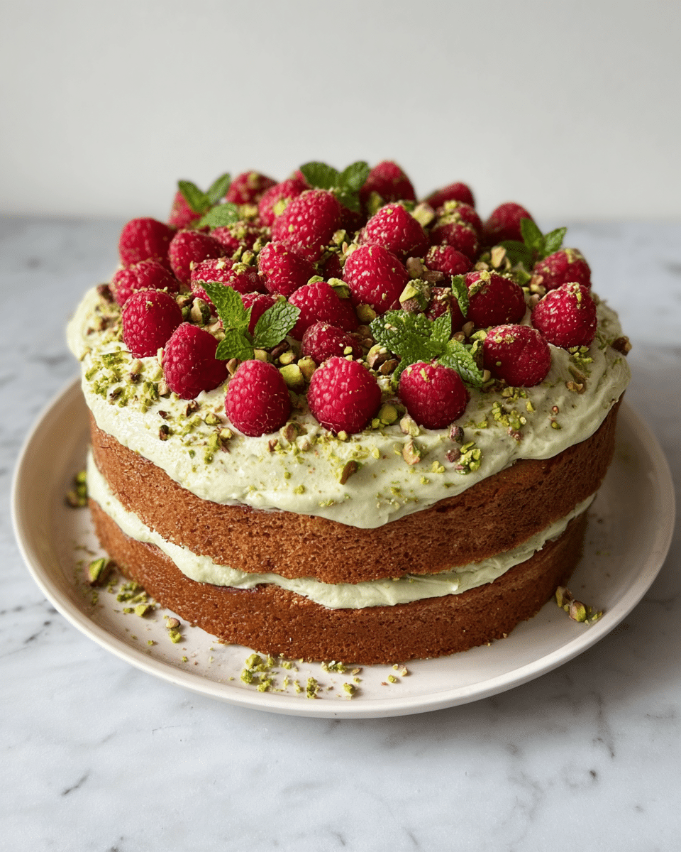 A two-layer round cake sits on a white plate, each layer made of brown sponge cake with a thick spread of light green cream between them and on top. The top layer is decorated with whole red raspberries, small green mint leaves, and chopped green pistachios sprinkled all over the creamy surface. The cake edges show the soft texture of the sponge and cream, and it is placed on a white marbled surface with a plain light wall background. photo taken with an iphone --ar 4:5 --v 7