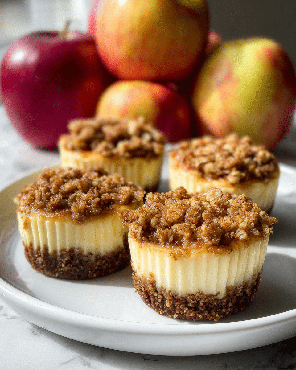 Four mini cheesecakes sit closely on a white plate, each with three visible layers: a thick dark brown crumbly crust at the bottom, a smooth creamy pale yellow cheesecake middle, and a chunky golden brown oat and cinnamon crumble topping. The cheesecakes have a ridged edge showing the baking cup shape. Behind them are three apples in red and yellow colors, slightly out of focus, all set on a white marbled surface with soft natural light. photo taken with an iphone --ar 4:5 --v 7