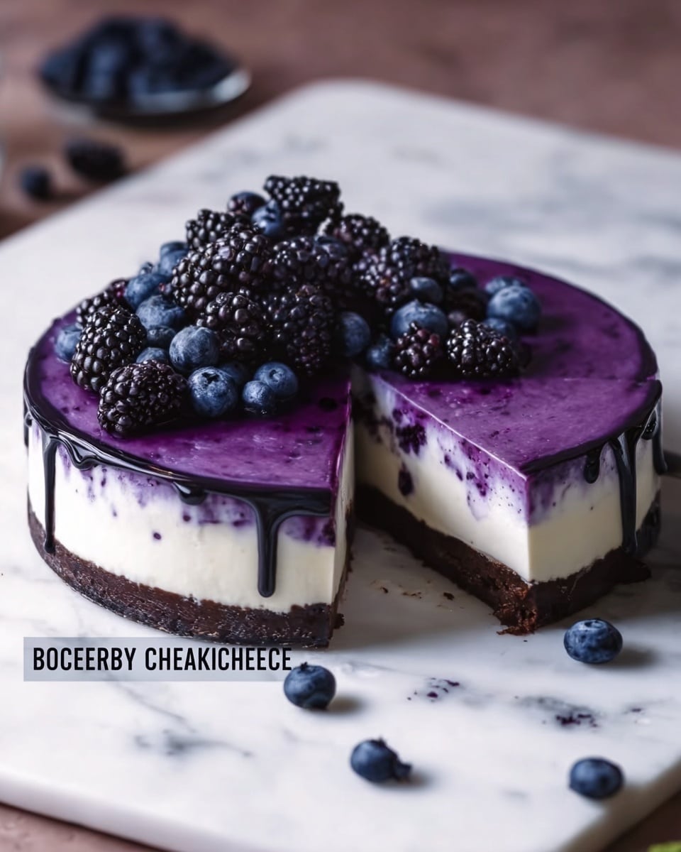 A round cheesecake with three visible layers sits on a white marbled surface. The bottom layer is dark brown and looks like a cake or thick crust. The middle layer is white, creamy and smooth, with a slight texture. The top layer is a vibrant purple glaze with a shiny, smooth surface, decorated with a black wavy line around the edge. On top of the cake, there is a pile of blackberries and blueberries, with some blueberries scattered around the base of the cake. One slice of the cake has been cut and slightly pulled out, showing the even layers inside. photo taken with an iphone --ar 4:5 --v 7