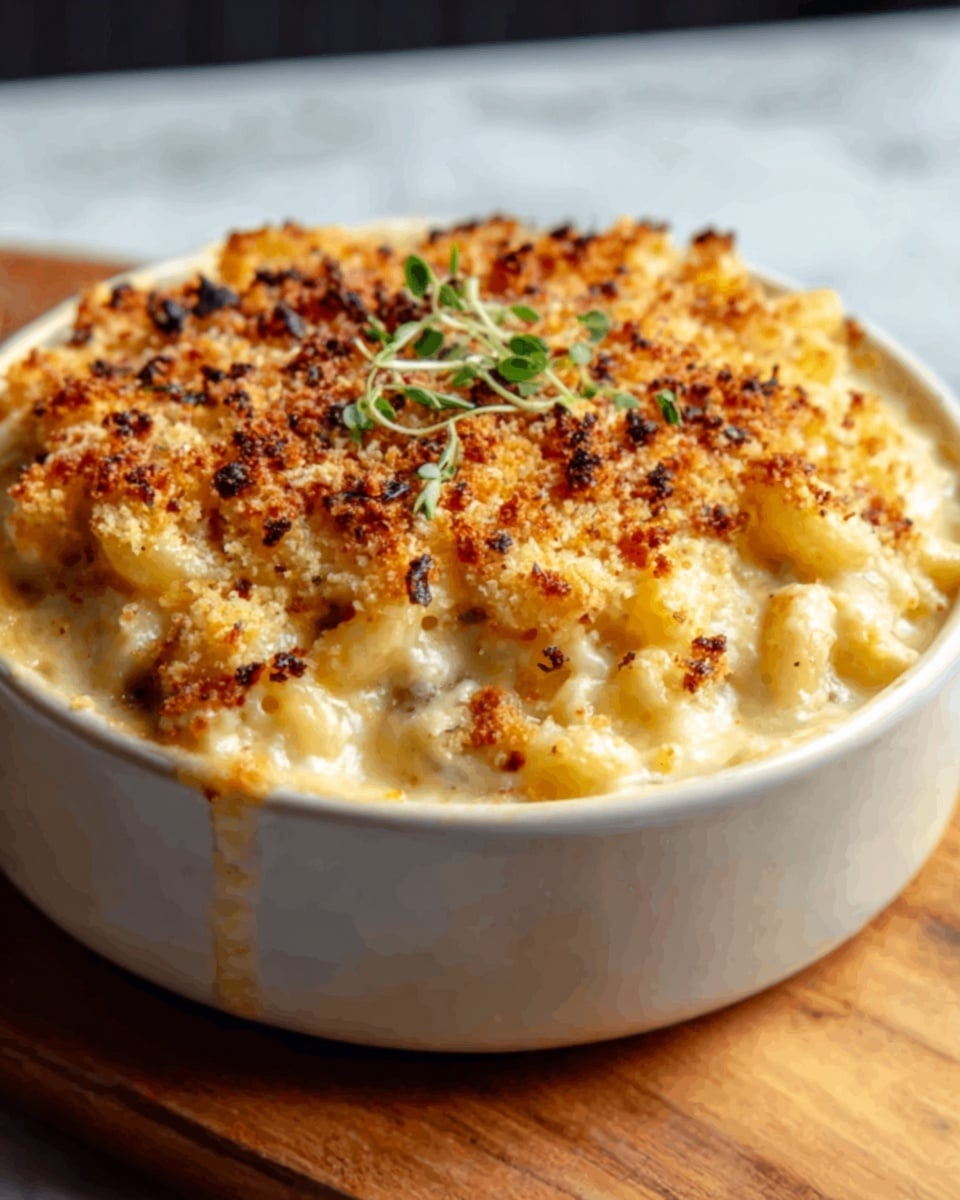 A round white bowl filled with creamy macaroni and cheese, topped with a layer of golden-brown crispy breadcrumbs. The cheese sauce looks thick and smooth, with small bits of macaroni visible under the bubbly, toasted cheese crust. The bowl sits on a light brown wooden surface with a white marbled texture background. A small green herb garnish adds a touch of color on top. Photo taken with an iphone --ar 4:5 --v 7