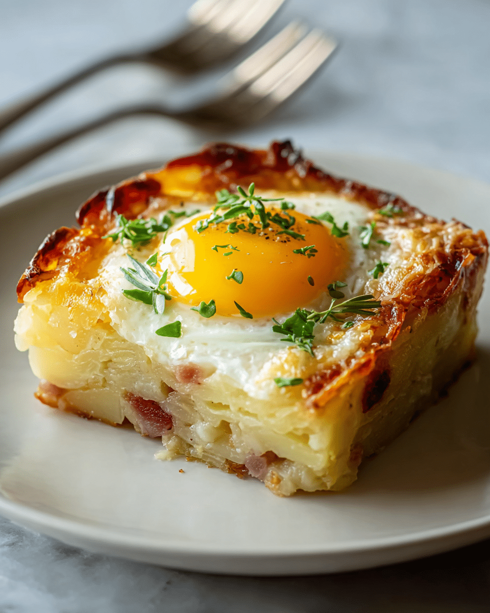 A single square piece of a layered breakfast dish sits on a white plate, featuring a rich mixture of cooked potatoes and small bits of ham forming the lower two-thirds. The top layer is a perfectly cooked sunny-side-up egg with a bright yellow yolk and white edges that look slightly crispy and browned. Fresh green herbs are sprinkled over the egg, adding a touch of freshness and color contrast. The plate rests on a white marbled surface with two forks placed in the background, giving a cozy, inviting feel. Photo taken with an iphone --ar 4:5 --v 7
