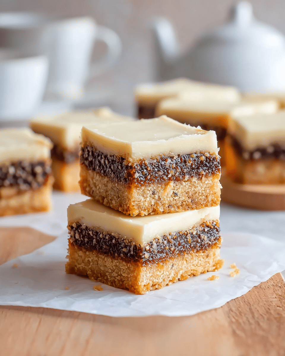 Two square bars are stacked on top of each other. Each bar has three layers: a bottom light golden-brown crumbly crust, a middle thick dark brown layer with small seeds and a sticky texture, and a top smooth off-white layer that looks creamy and soft. The bars sit on white parchment paper on a light wooden surface with a white marbled background. In the background, more bars are slightly out of focus, and a white teapot is faintly visible. photo taken with an iphone --ar 4:5 --v 7