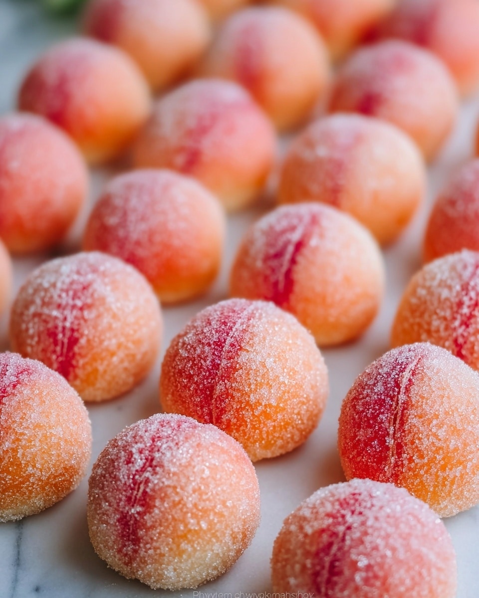 The image shows multiple round peach-shaped pastries arranged closely in rows. Each pastry has a soft gradient color from orange at the bottom to pinkish red at the top, dusted evenly with fine sugar that gives a frosted texture. The small pastries are placed on a white marbled surface that adds a clean and bright background. The scene is tightly focused on the front pastries, with the rows stretching back and becoming softly blurred, showing a smooth, velvety surface and a slight seam in the middle where the two halves meet. Photo taken with an iphone --ar 4:5 --v 7
