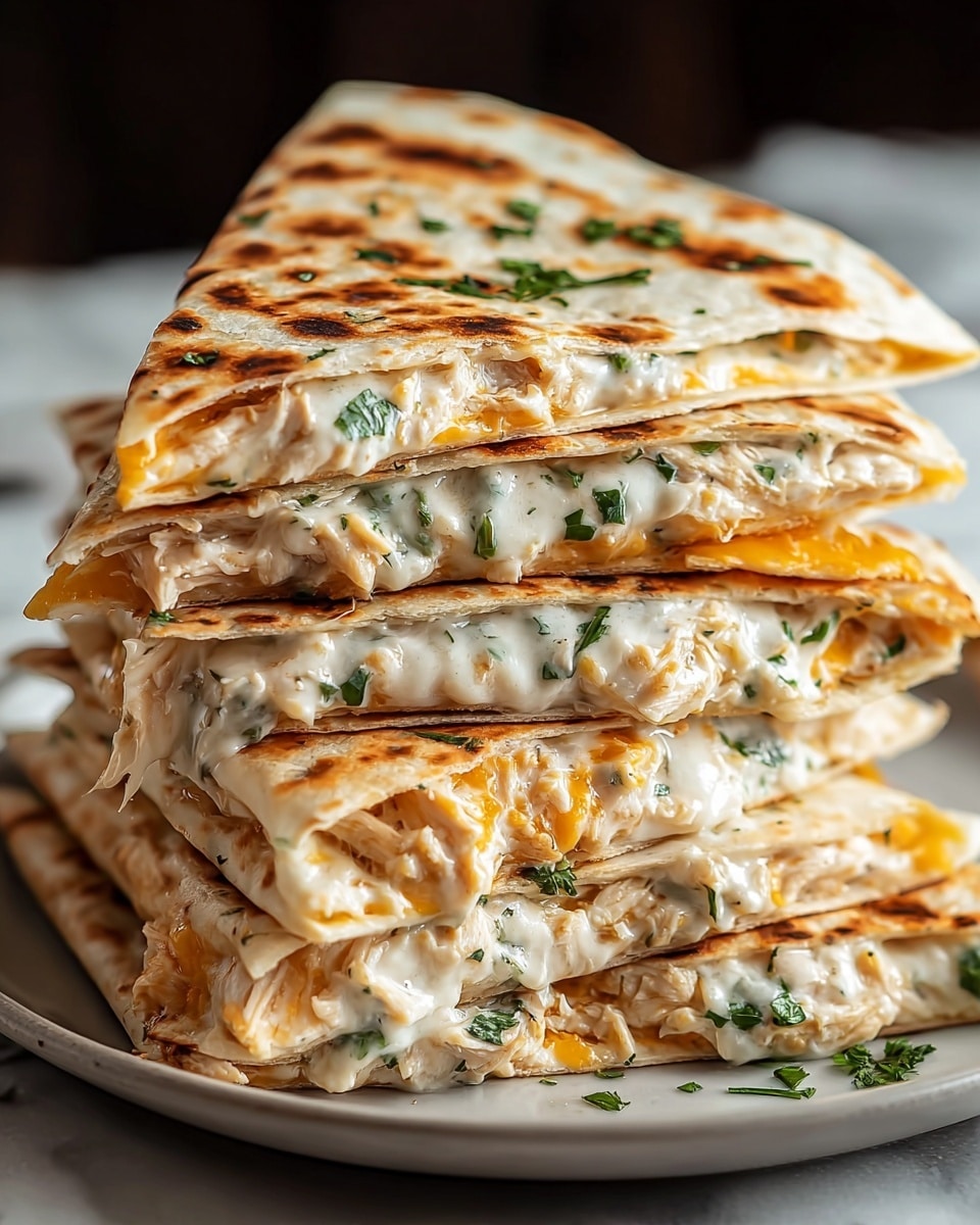 A stack of six triangular quesadilla pieces piled on a white plate, each quesadilla filled with a creamy white cheese mixed with green herbs and shredded chicken, and bits of melted orange cheese. The quesadilla tortillas are golden brown with darker grill marks, showing a slightly crispy texture. The layers clearly show the melting cheese and chicken filling oozing out slightly at the edges, with green herb bits sprinkled inside and lightly scattered on top. The background has a soft white marbled texture that contrasts with the warm colors of the quesadillas. photo taken with an iphone --ar 4:5 --v 7