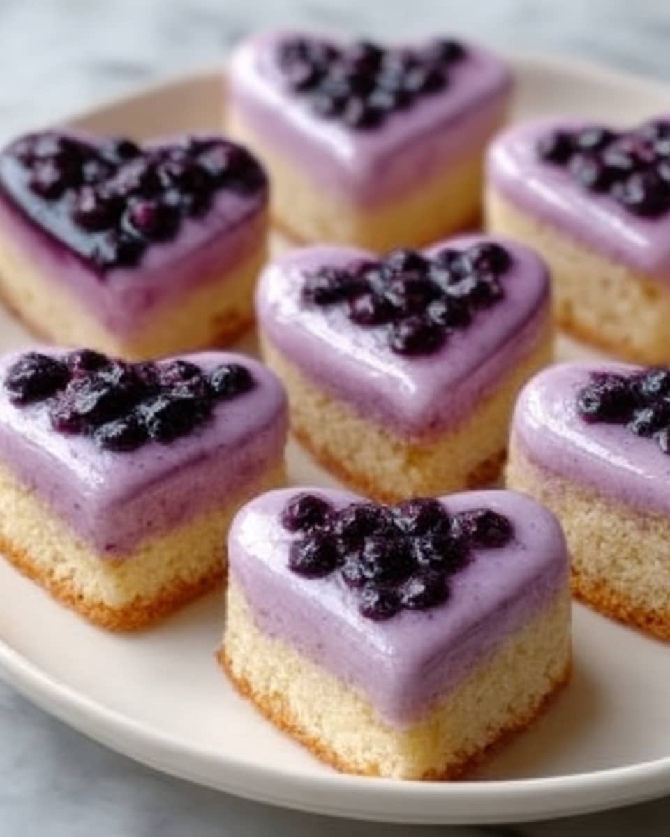 The image shows a white plate filled with six heart-shaped cakes. Each cake has two distinct layers: the bottom layer is thick, golden brown with a spongy texture, and the top layer is smooth and glossy pale purple, decorated with small clusters of dark purple blueberries. The cakes are evenly spaced on the plate, which sits on a white marbled surface. The lighting highlights the shiny texture of the purple layer and the soft crumb of the golden bottom layer. Photo taken with an iphone --ar 4:5 --v 7