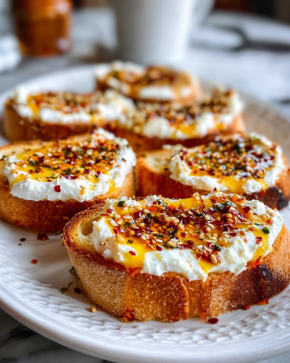 The image shows six slices of toasted bread on a white plate with a textured edge, placed on a white marbled surface. Each slice has two visible layers: a base layer of golden-brown toasted bread with a crisp texture and an upper layer of thick, white creamy cheese spread unevenly. The cheese is topped with a glossy, bright orange oil drizzle mixed with red pepper flakes, sesame seeds, and green herb bits, giving a colorful, slightly crunchy appearance. The spread covers most of the bread surface, with some oil dripping down the sides. The background is softly blurred, focusing on the front slices. photo taken with an iphone --ar 4:5 --v 7