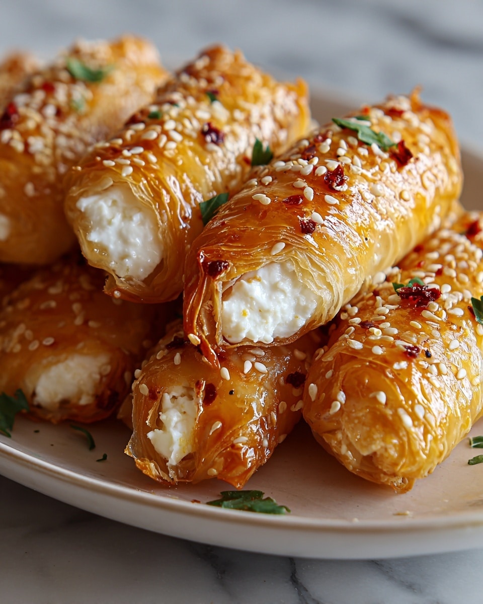 The image shows a close-up of several golden, crispy rolls arranged on a white plate with a slight curve on the edge. Each roll has multiple thin, flaky layers that shine with a sticky honey glaze. The rolls are filled with a white, creamy cheese that is visible at the open ends. The tops of the rolls are sprinkled with white sesame seeds, tiny red chili flakes, and small green herb leaves scattered around. The whole scene sits on a white marbled surface, enhancing the warm colors of the rolls. photo taken with an iphone --ar 4:5 --v 7