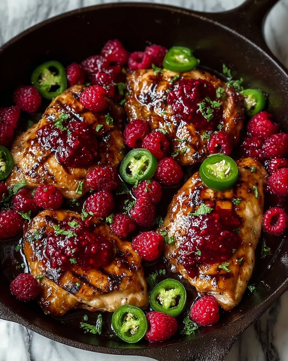A black pan holds four pieces of grilled chicken with a shiny, brown glaze and small dark grill marks. Each piece of chicken is topped with a bright red raspberry sauce. Around the chicken, fresh raspberries and slices of green jalapeno peppers are scattered, adding bright red and green colors. Small green fresh herb leaves are sprinkled above for decoration. The background is a white marbled texture. photo taken with an iphone --ar 4:5 --v 7