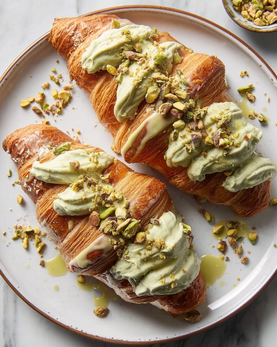 Two croissants sit on a white plate with a thin brown rim, placed on a white marbled surface. Each croissant is split open and filled with thick, pale green cream that is piped in fluffy dollops, creating a soft and rich texture. The flaky golden-brown croissant layers are visible and topped with a generous sprinkle of chopped pistachios, adding a crunchy texture with green and brown hues. A light drizzle of glossy, green pistachio sauce covers the top and parts of the cream, enhancing the layered look. Small bits of pistachio and crumbs are scattered around on the plate. Photo taken with an iphone --ar 4:5 --v 7