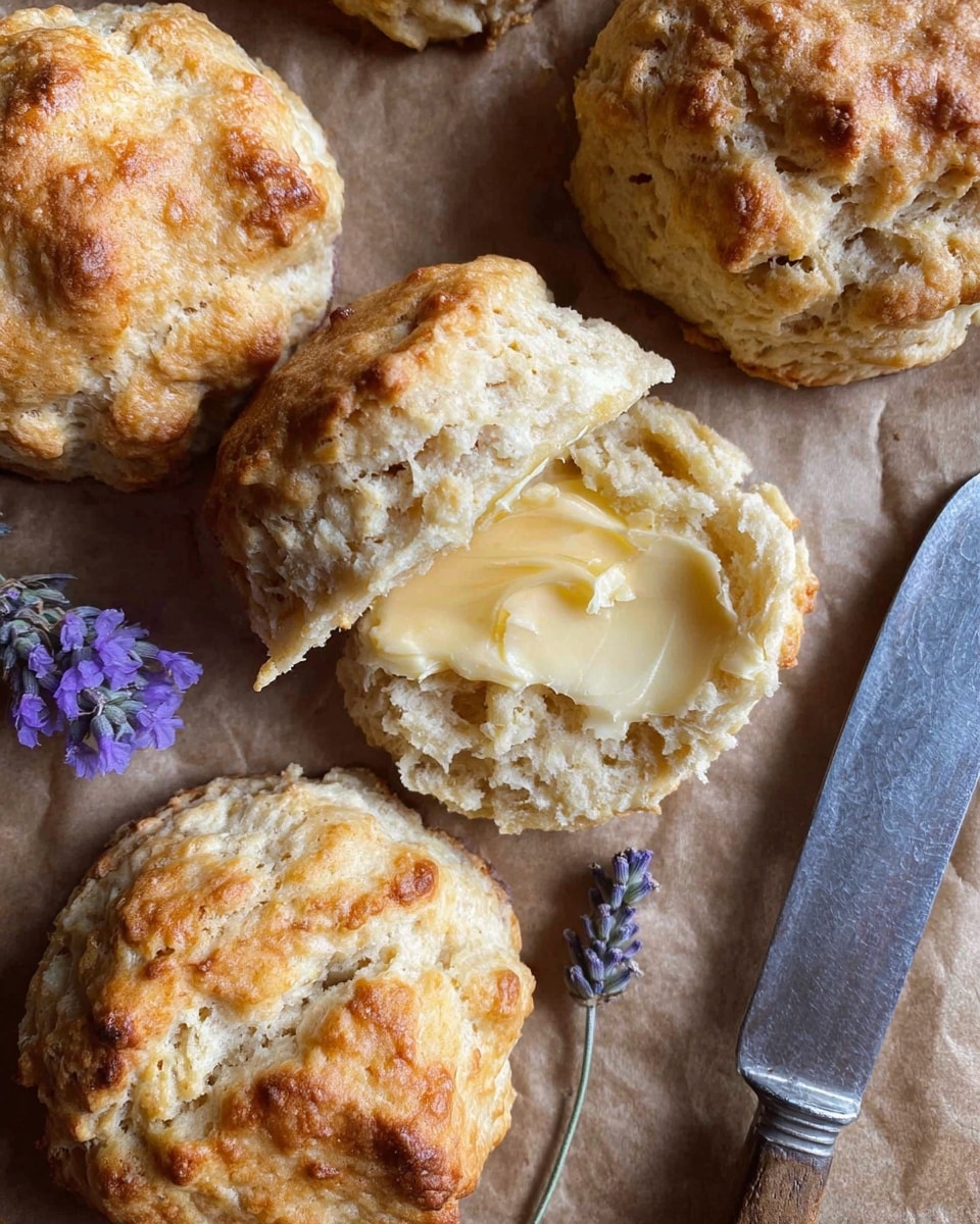 The image shows several golden-brown biscuits with a rough, textured top crust and a soft, airy crumb inside. One biscuit is split open in the middle, revealing a creamy, light yellow layer of butter spread unevenly on the soft interior. The biscuits rest on a brown parchment paper surface, with a small lavender sprig nearby adding a touch of purple and green. To the right is a silver butter knife with a simple, slightly worn look. The overall scene has a warm and homemade feel. photo taken with an iphone --ar 4:5 --v 7