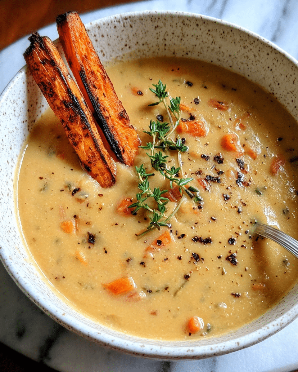 A creamy, thick soup with small chunks of orange vegetables and black pepper specks fills a white speckled bowl, topped with three charred orange roasted vegetable sticks placed on the right side, and a small green thyme sprig laid across the soup near the sticks. The bowl rests on a white marbled texture. photo taken with an iphone --ar 4:5 --v 7