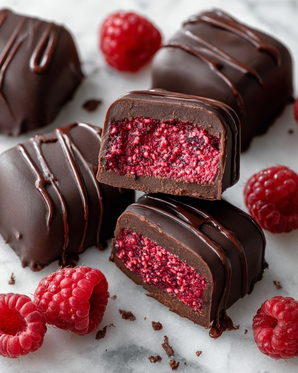 The image shows several half-cut chocolate-covered raspberry treats arranged closely together on a tray. Each treat has two layers: a thick outer layer of smooth dark brown chocolate with a shiny surface and delicate chocolate drizzles on top, and a bright, textured inner layer of vibrant red raspberry filling mixed with small bits that give it a slightly chunky look. The treats rest on a yellow baking mat inside a metal tray, with some chocolate smudges scattered nearby and fresh raspberries placed beside the treats. The background is a white marbled texture. Photo taken with an iphone --ar 4:5 --v 7