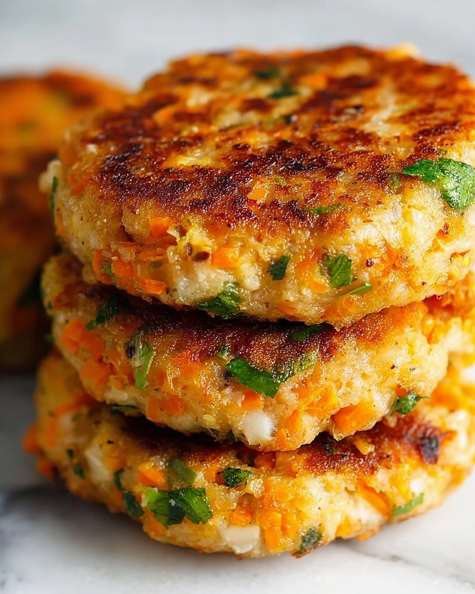 The image shows a close-up of a stack of three thick patties with a golden brown crust on the outside. Each patty is filled with small pieces of bright orange carrot, green herbs, and white chunks, giving them a mixed texture of smooth and chunky. The edges are slightly uneven, showing the soft interior beneath the crispy surface. The patties are placed on a white marbled surface. Photo taken with an iphone --ar 4:5 --v 7