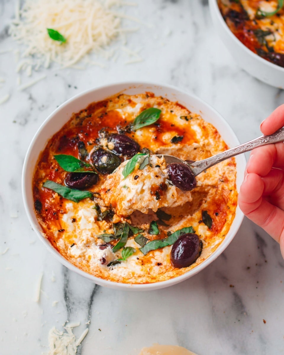 A white bowl filled with a creamy, chunky dip that has a base layer of red tomato sauce mixed with melted white cheese, topped with pieces of dark purple olives and torn green basil leaves scattered across the surface. A spoon held by a woman's hand lifts a spoonful showing the thick, mixed layers of orange, white, and green with bits of olives and basil. The bowl is placed on a white marbled surface with some shredded cheese around it. Photo taken with an iphone --ar 4:5 --v 7