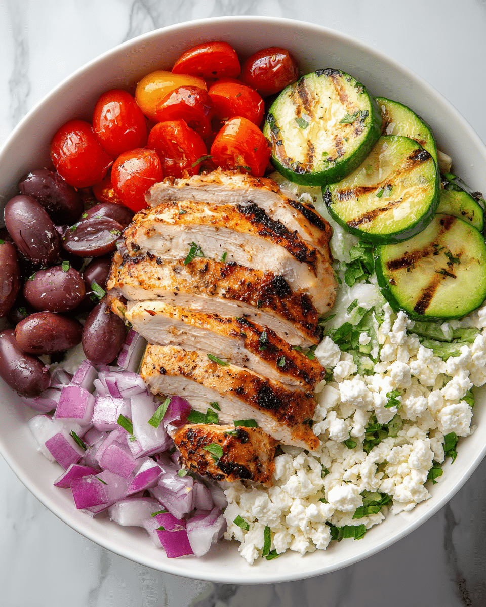A white bowl filled with a vibrant salad arranged in layers. The bottom layer is crumbly white cheese spread evenly across the bowl. On top, thick slices of grilled chicken with a golden brown, slightly charred surface are placed in the middle. To the right of the chicken, there are grilled cucumber slices showing light brown grill marks and a fresh green color. On the left side, halved bright red cherry tomatoes are clustered next to shiny dark purple olives. Below the olives, there is a layer of small cube-cut red onions with a crisp texture. Small green herb pieces are sprinkled over the chicken and some vegetables. The bowl sits on a white marbled surface. Photo taken with an iphone --ar 4:5 --v 7