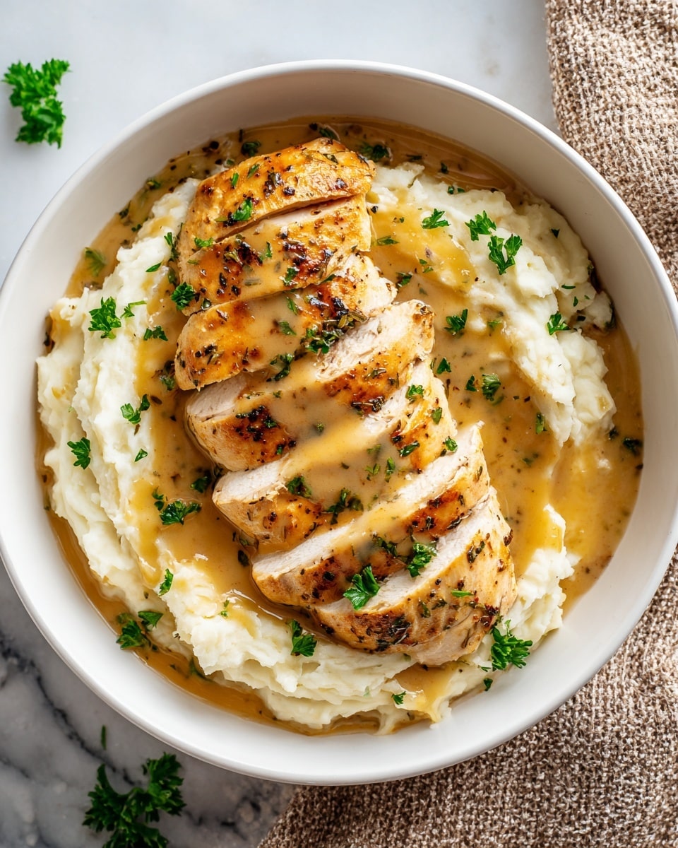 A white bowl holds a dish with two main layers: the bottom layer is creamy white mashed potatoes with a smooth, slightly textured surface, and the top layer is four thick slices of golden-brown grilled chicken breast arranged neatly side by side. The chicken has a shiny glaze with visible grill marks and is covered with a light brown creamy gravy that pools slightly around the mashed potatoes. Small green parsley leaves are scattered across the chicken, gravy, and mashed potatoes, adding a fresh color touch. The bowl sits on a white marbled surface with a light beige cloth napkin placed underneath. Photo taken with an iphone --ar 4:5 --v 7
