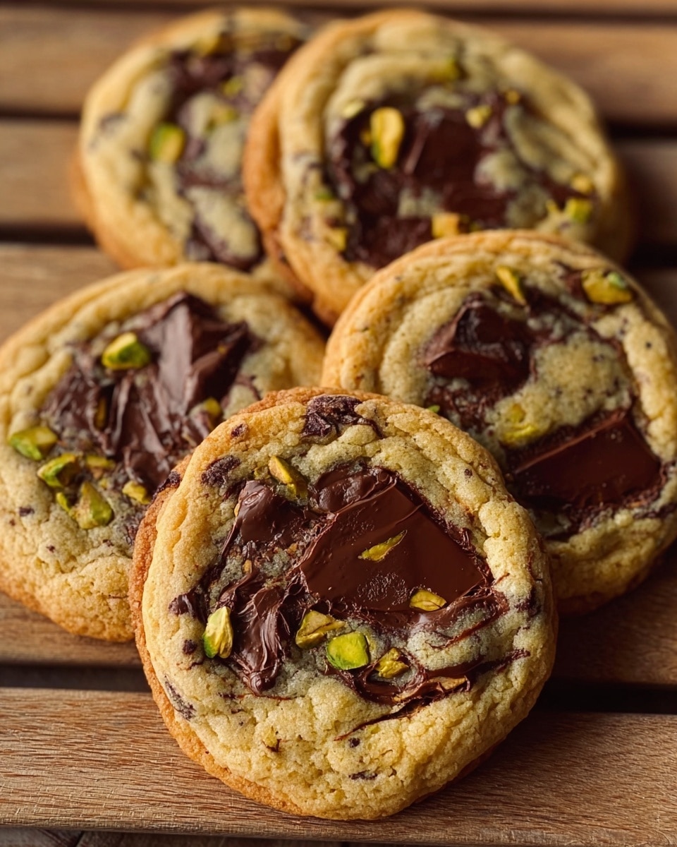 A close-up image of five round cookies with a golden-brown edge and a soft, lighter center filled with melted dark chocolate chunks and small green pistachio pieces embedded throughout. The cookies have a cracked texture on the surface with glossy swirls of chocolate, creating an inviting look. They are arranged on a wooden slatted surface with natural light highlighting the rich textures and colors. Photo taken with an iphone --ar 4:5 --v 7