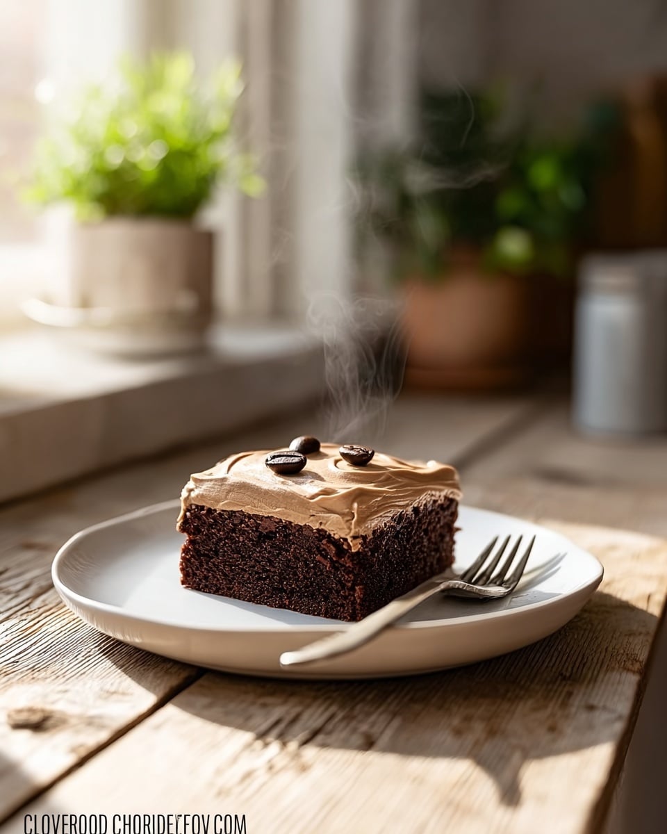A single square piece of chocolate cake with one thick layer of smooth, light brown coffee-flavored frosting on top, decorated with two whole dark coffee beans placed near the center. The cake looks moist and dense with a rich dark brown color, sitting on a simple white round plate. A vintage metal fork rests on the edge of the plate. The plate is placed on a rustic wooden surface with soft natural light coming from a window on the left, creating a cozy and warm atmosphere. In the background, there is a potted green plant and kitchen items with a blurred effect. Steam rises gently from the cake, emphasizing its warmth. Photo taken with an iphone --ar 4:5 --v 7