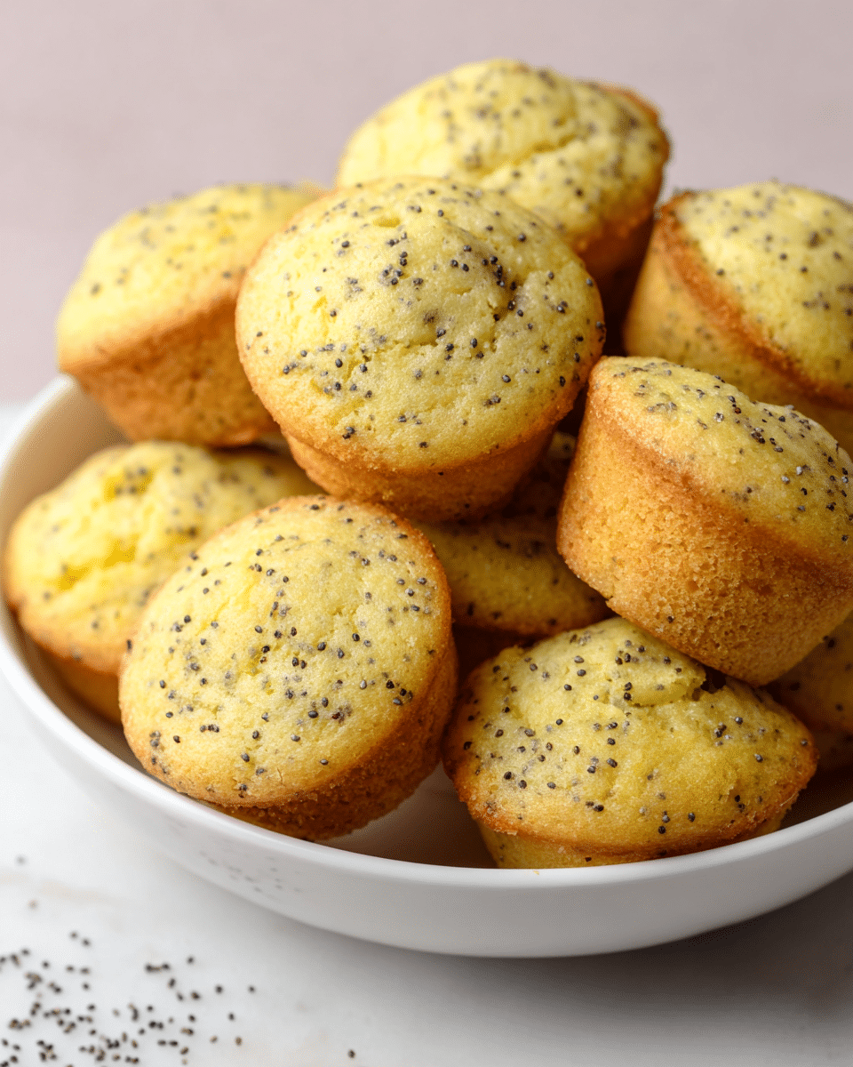 A white bowl filled with several small, round lemon poppy seed muffins stacked closely together. Each muffin has a light golden brown crust with a soft, yellow interior speckled with tiny black poppy seeds spread evenly throughout. The muffins have slightly domed tops with a crumbly texture visible, creating a warm and inviting look. Some poppy seeds are scattered on the white marbled surface around the bowl. photo taken with an iphone --ar 4:5 --v 7