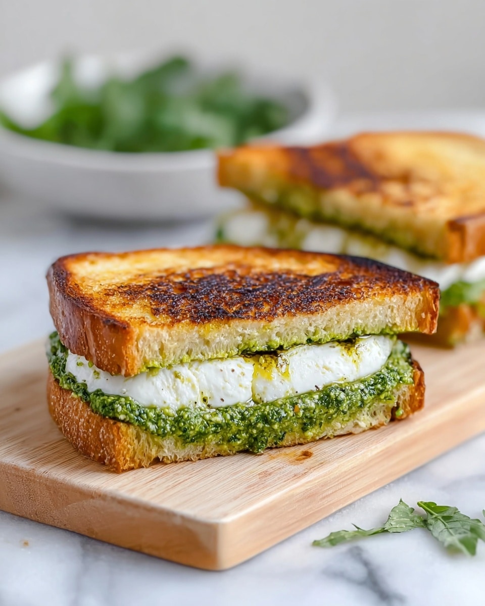 A close-up view of a toasted sandwich cut in half, placed on a light wooden cutting board set on a white marbled surface. The sandwich has two thick slices of golden-brown toasted bread with a slightly charred top. Inside, there are two visible layers: the bottom layer is a bright green, textured pesto spread, and the middle layer is a creamy, white cheese with a soft, slightly uneven texture and a drizzle of olive oil on top. In the blurred background, the second half of the sandwich and a white bowl of fresh green herbs can be seen. photo taken with an iphone --ar 4:5 --v 7