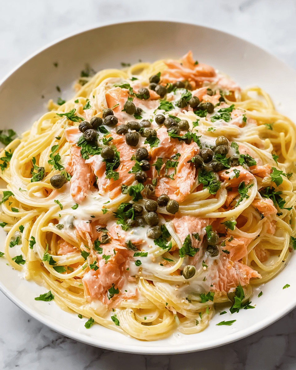 A white plate holds a creamy pasta dish with three main layers: at the base, light yellow spaghetti noodles twisted loosely; in the middle, soft pink smoked salmon pieces spread evenly; on top, a white creamy sauce covers the pasta and salmon. Dark green capers are scattered on the surface, adding small round textures, while bright green chopped parsley is sprinkled all over for color contrast. The dish sits on a white marbled surface. Photo taken with an iphone --ar 4:5 --v 7