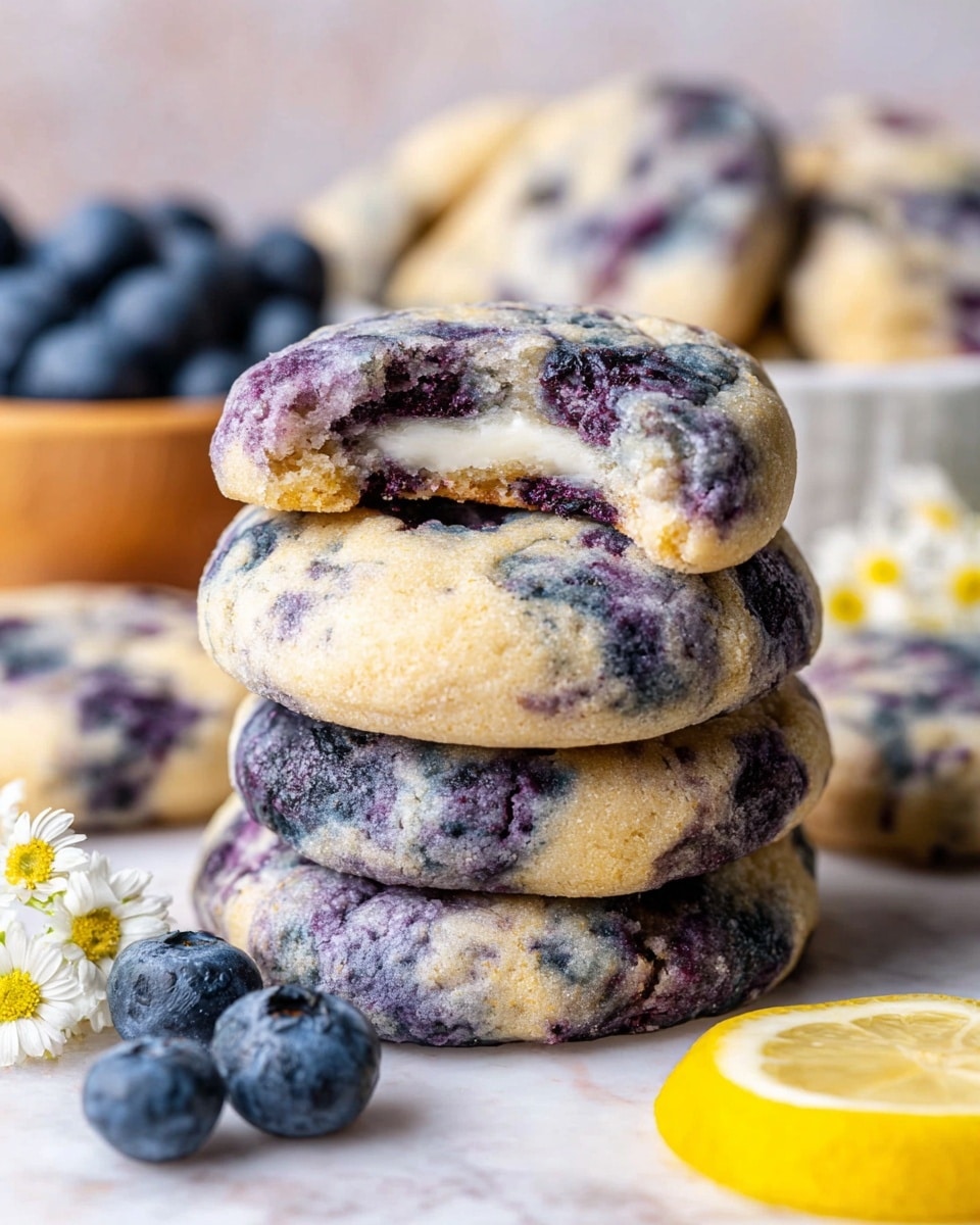 A stack of three thick blueberry cookies is in the center, showing a soft texture with visible purple-blue swirls mixed in the light dough; the top cookie has a clear bite taken off, revealing a creamy white filling inside. Around the stack are more similar cookies, all showing the same marbled blueberry pattern with rough edges. In the lower front part of the image, three fresh blueberries and a bright yellow lemon slice are placed on a white marbled surface, along with a small white and yellow flower. In the background, out of focus, there is a white bowl filled with fresh blueberries. photo taken with an iphone --ar 4:5 --v 7