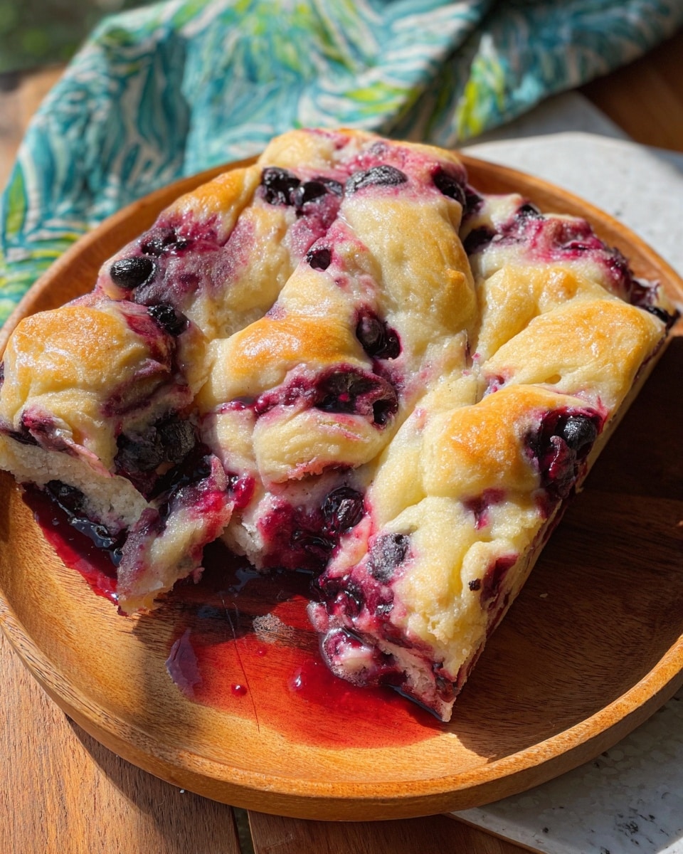A close-up of a soft, thick focaccia bread with uneven layers showing a light golden crust mixed with deep purple and red patches from blueberries baked inside. The bread has several folds and creases, making the surface look textured and fluffy. Some juicy blueberry syrup seeps out from the bottom edge, pooling slightly on a round white wooden plate. The plate sits on a wooden surface bathed in warm sunlight, with a green leaf-patterned cloth visible on the upper left and a white marbled texture on the bottom right. Photo taken with an iphone --ar 4:5 --v 7