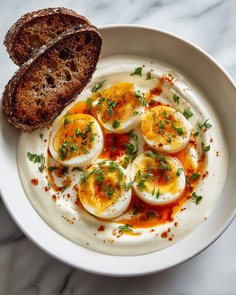 A white bowl is filled with a creamy white yogurt layer that has a smooth, swirled texture, covering the entire base. On top, there are five soft-boiled egg halves arranged in the center, showing bright yellow yolks with slightly runny centers and firm whites. The eggs are drizzled with a reddish-orange spicy oil sauce, and sprinkled with black pepper and finely chopped green herbs all over. Next to the bowl, there is toasted multigrain bread with a dark crust resting on a white marbled surface. photo taken with an iphone --ar 4:5 --v 7